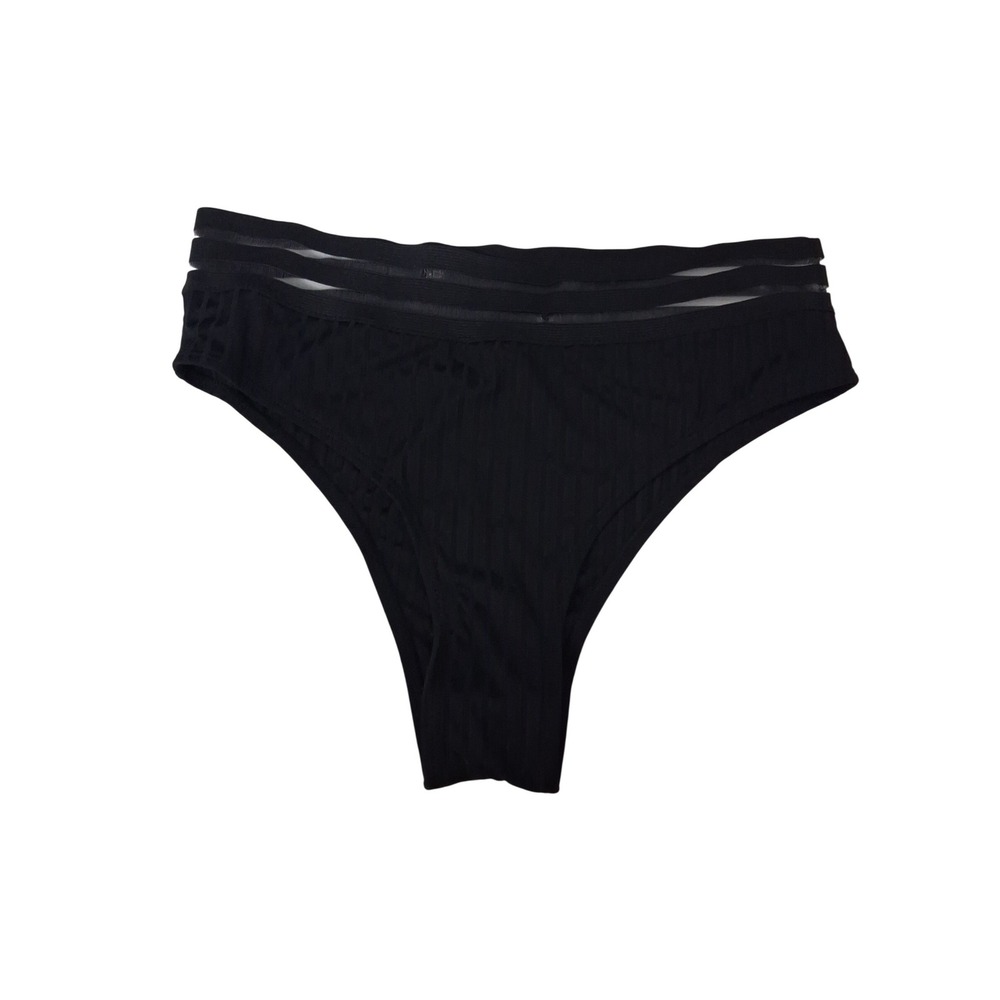 Black Ribbed High Cut Bikini Bottoms Triple Banded Cutout Waist Large NWOT